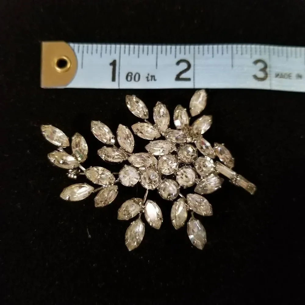 Vintage Clear Rhinestone Brooch Pin Leaf Cluster